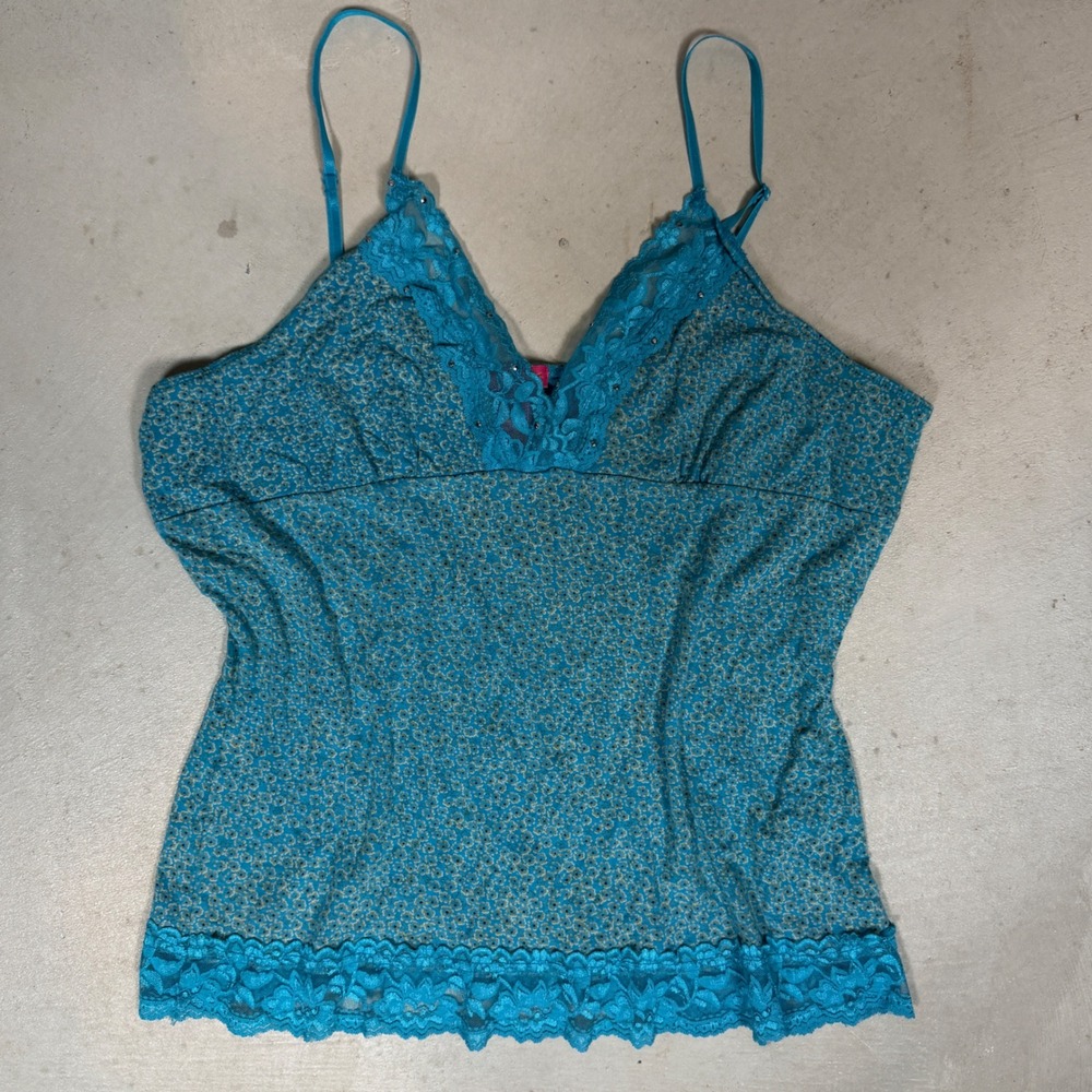 Grape Soda Teal Floral‎ Lace Trim Cami Top Rhinestone XL Y2K Boho Coquette